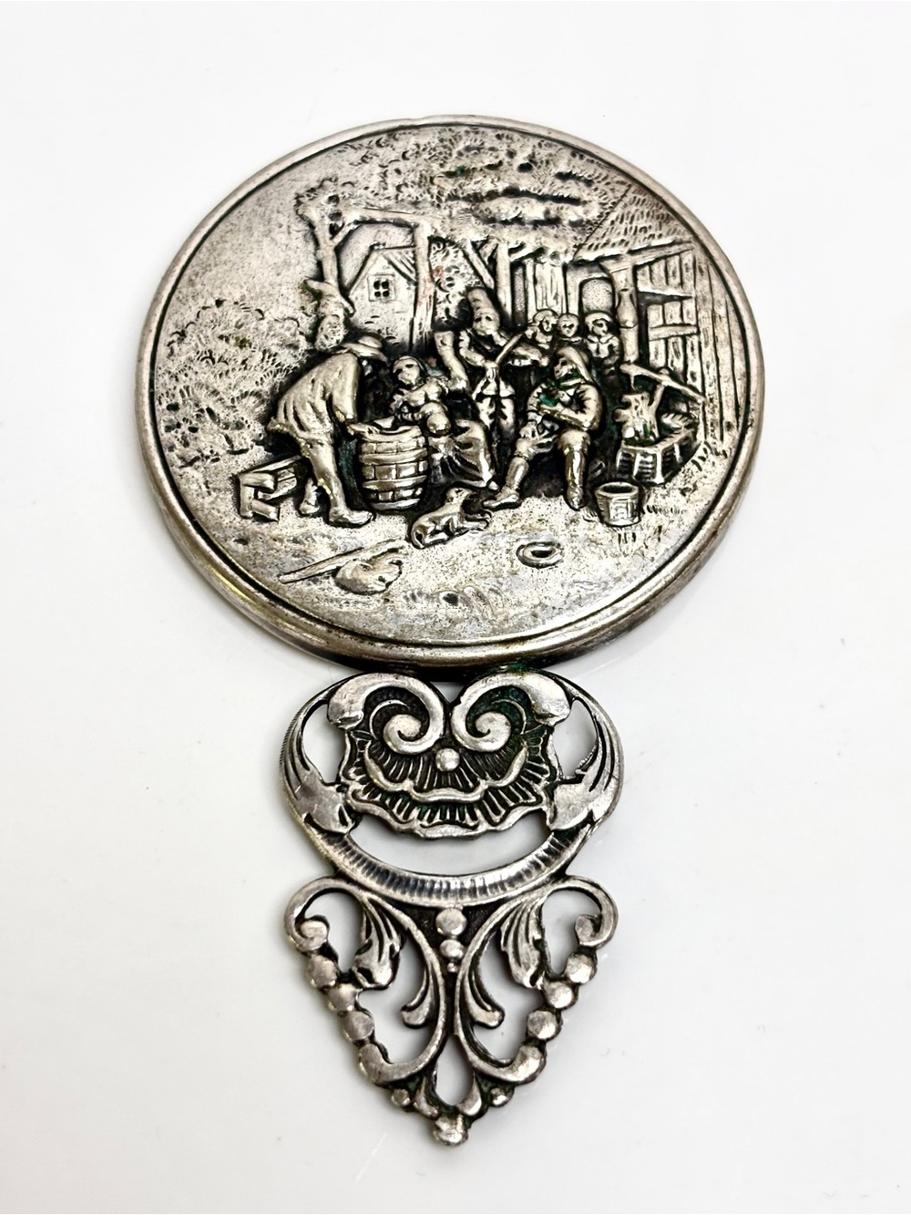 Vintage 1940's Hans Jensen Denmark Silver Plate Mirror Repousse Tavern 4.5”x2.5”